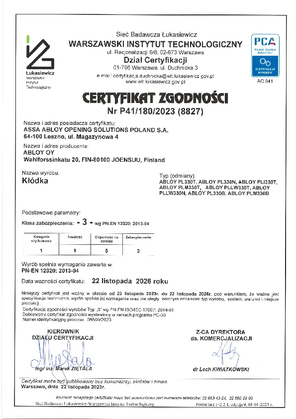 ABLOY Cert 2023 PL330T, PL330N, PLI330T, PLM330T, PLLW330T, PLLW330N, PL330B, PLM330B PL